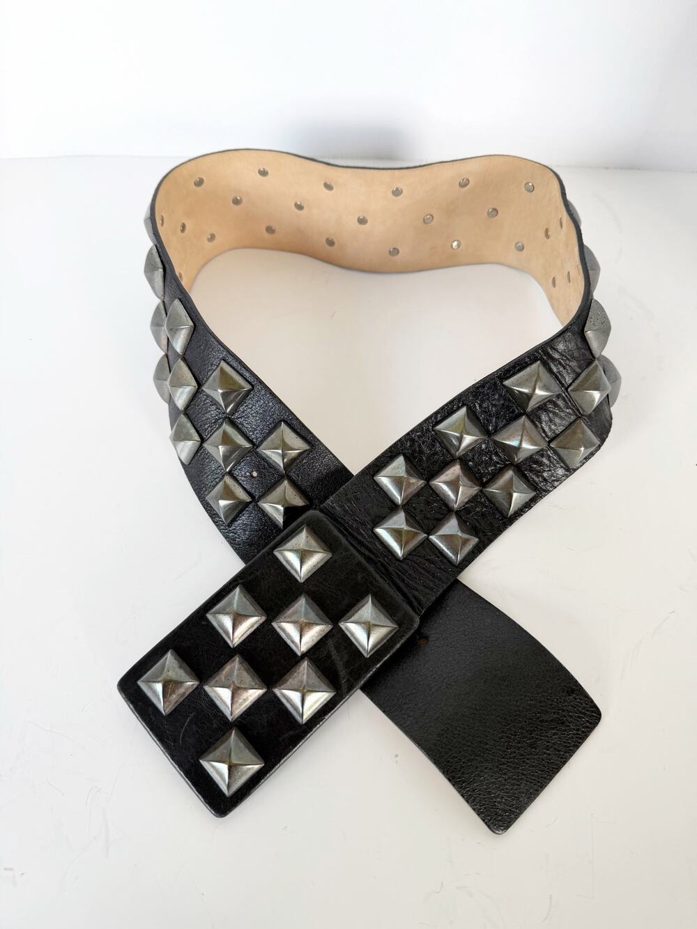 Streets Ahead Studded Pyramid Leather Roger Belt Black Silver Gray Medium
